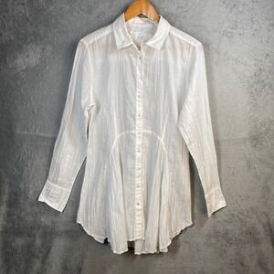 Cino Button Down Tunic Shirt Women Medium White Crinkle Cotton Gauze Cottagecore